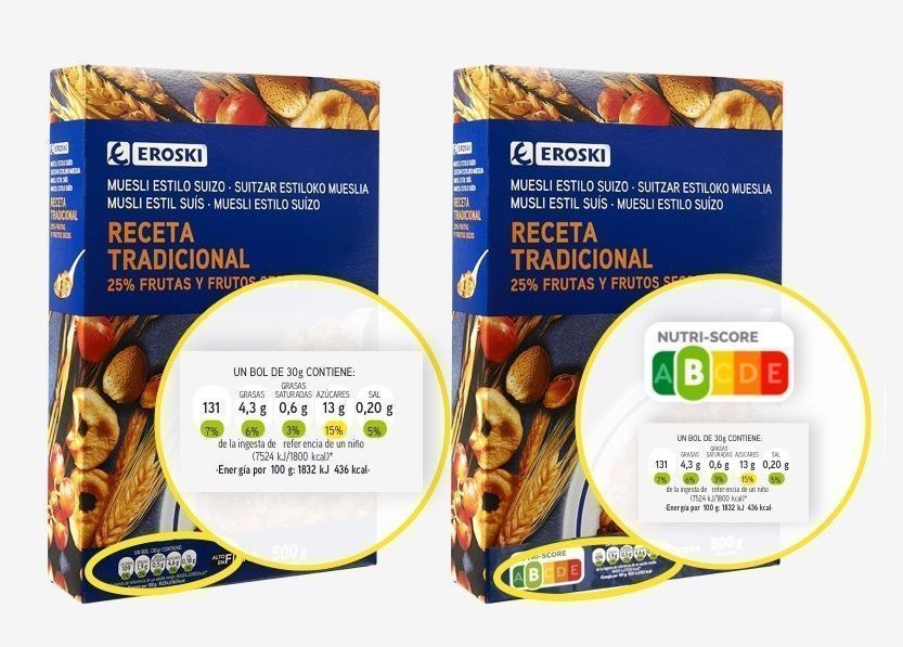 Ejemplo de cómo se verá una etiqueta usando nutriscore en los alimentos. Eroski